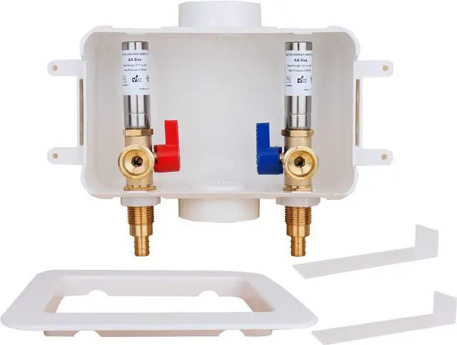 Main image of WHK Washing Machine Outlet Box,Pex Laundry Box Washer Wall Box With Drain Recessed Water Valve Box Center Double Drain 1/2-inch Crimp PEX B,PVC White (With Stainless Steel Water Hammer Arrester)