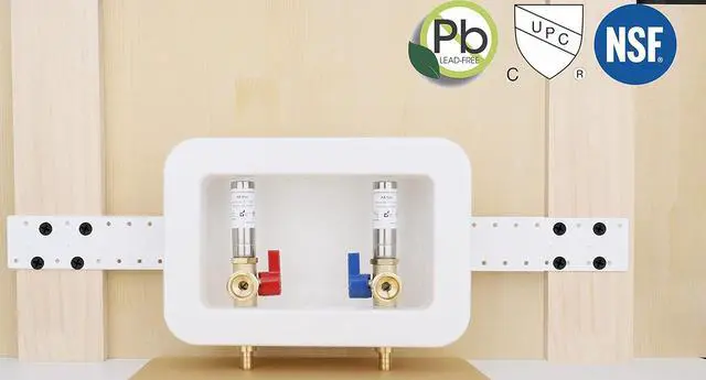 Alt view image 3 of 7 - WHK Washing Machine Outlet Box,Pex Laundry Box Washer Wall Box With Drain Recessed Water Valve Box Center Double Drain 1/2-inch Crimp PEX B,PVC White (With Stainless Steel Water Hammer Arrester)