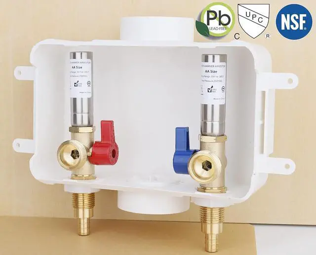 Alt view image 6 of 7 - WHK Washing Machine Outlet Box,Pex Laundry Box Washer Wall Box With Drain Recessed Water Valve Box Center Double Drain 1/2-inch Crimp PEX B,PVC White (With Stainless Steel Water Hammer Arrester)