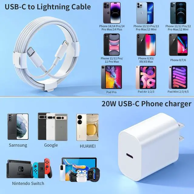 Alt view image 6 of 7 - Fast Charging 3 Pack 20W PD USB C Wall Charger and 6FT Cable for iPhone 14Pro/13 Pro/12/11 Pro Max/XR/X/8 - MFi Certified