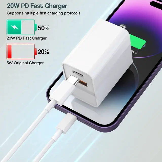 Alt view image 2 of 7 - Fast iPhone Charger, 2Pack 20W Dual Port QC+ USB C Charger Block Plug Adapter Dual Charger iPhone Fast Charging Brick 6 FT USB C to Lightning Cable iPhone Cord for iPhone 14/13/12/11/Pro Max/Mini/XR/X