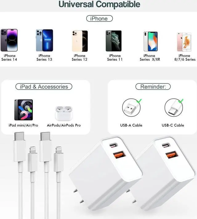 Alt view image 7 of 7 - Fast iPhone Charger, 2Pack 20W Dual Port QC+ USB C Charger Block Plug Adapter Dual Charger iPhone Fast Charging Brick 6 FT USB C to Lightning Cable iPhone Cord for iPhone 14/13/12/11/Pro Max/Mini/XR/X