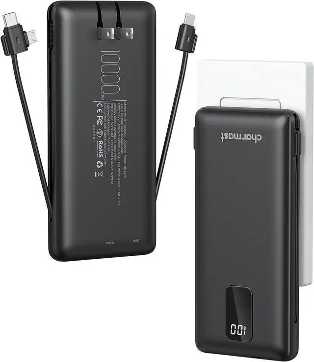 Main image of Charmast Portable Charger with Built-in Cables & Wall Plug, 10000mAh Portable Power Bank, External Battery Pack Travel Essentials Compatible with iPhone 16/15/14/13, Samsung, iPad etc