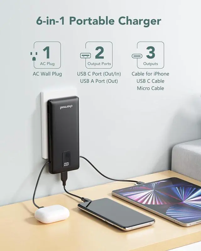 Alt view image 2 of 7 - Charmast Portable Charger with Built-in Cables & Wall Plug, 10000mAh Portable Power Bank, External Battery Pack Travel Essentials Compatible with iPhone 16/15/14/13, Samsung, iPad etc