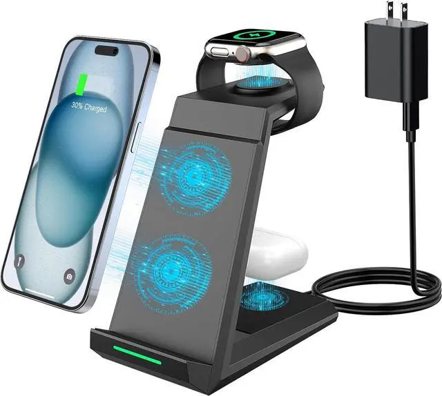 Main image of Wireless Charging Station for iPhone - ADADPU 3 in 1 Charger Stand for iPhone 15 14 13 12 11 Pro Max XR XS 8 Plus, Wireless Charging Dock for Apple Watch 8/7/SE/6/5/4/3/2,AirPods Pro/3/2(with Adapter)