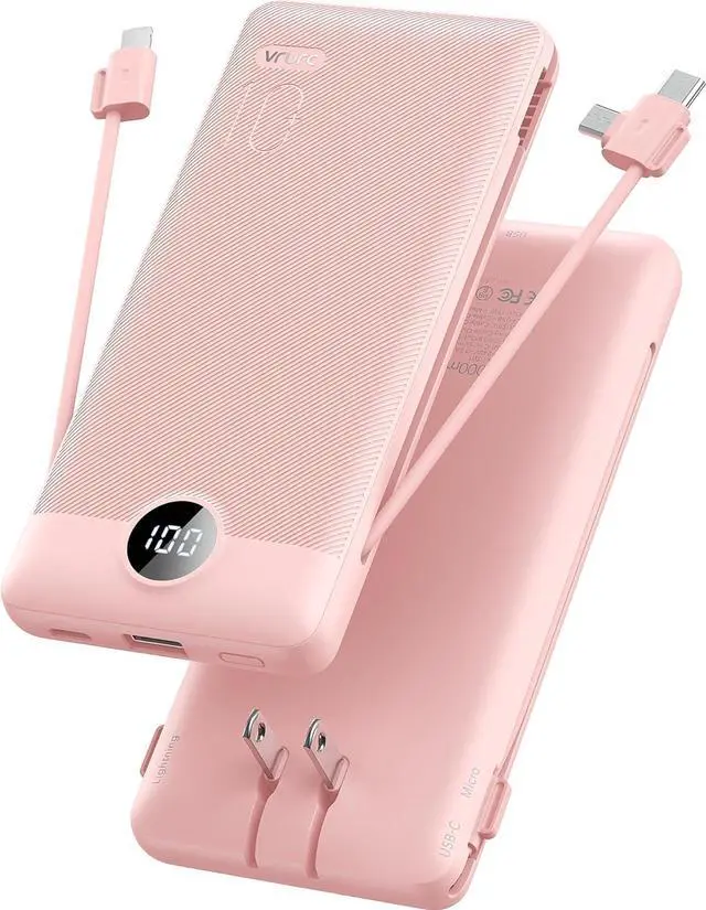 Main image of Portable Charger Built-in Cables and AC Wall Plug USB C Power Bank 10000mAh Travel Essentials Phone Charger Compact Lightweight External Battery Pack for Smart Phones Tablets etc-Pink