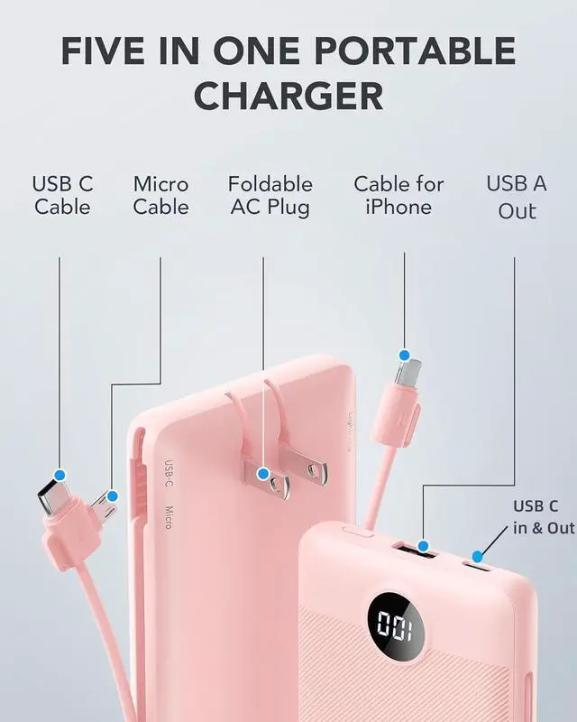 Alt view image 3 of 7 - Portable Charger Built-in Cables and AC Wall Plug USB C Power Bank 10000mAh Travel Essentials Phone Charger Compact Lightweight External Battery Pack for Smart Phones Tablets etc-Pink