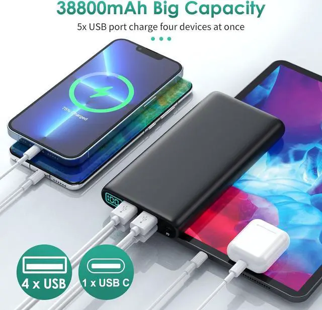 Alt view image 4 of 7 - Portable Charger 38800mAh LCD Display Power Bank 5 USB Outputs Battery Pack Backup USB-C in&out Dual Input Phone Charging Compatible with iPhone 16/15/14/13 Pro/12 Android  Galaxy Pixel Nexus