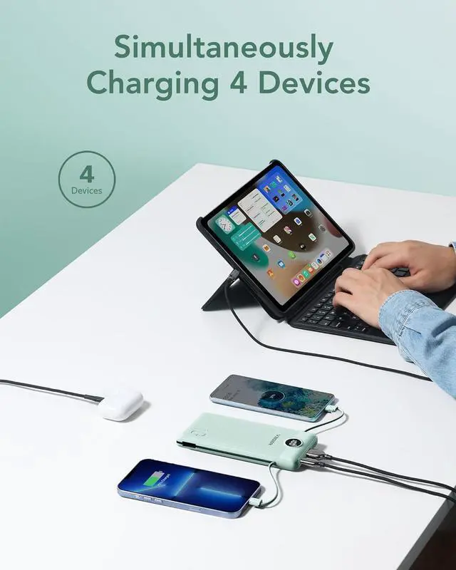 Alt view image 4 of 7 - Portable Charger for iPhone with Built in Cables and Wall Plug 10000mah Slim Fast Charging USB C Power Bank Travel Essential Battery Pack Compatible with iPhone iPad  etc(Green)