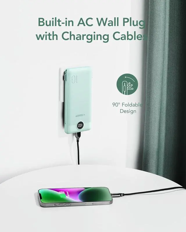 Alt view image 3 of 7 - Portable Charger for iPhone with Built in Cables and Wall Plug 10000mah Slim Fast Charging USB C Power Bank Travel Essential Battery Pack Compatible with iPhone iPad  etc(Green)