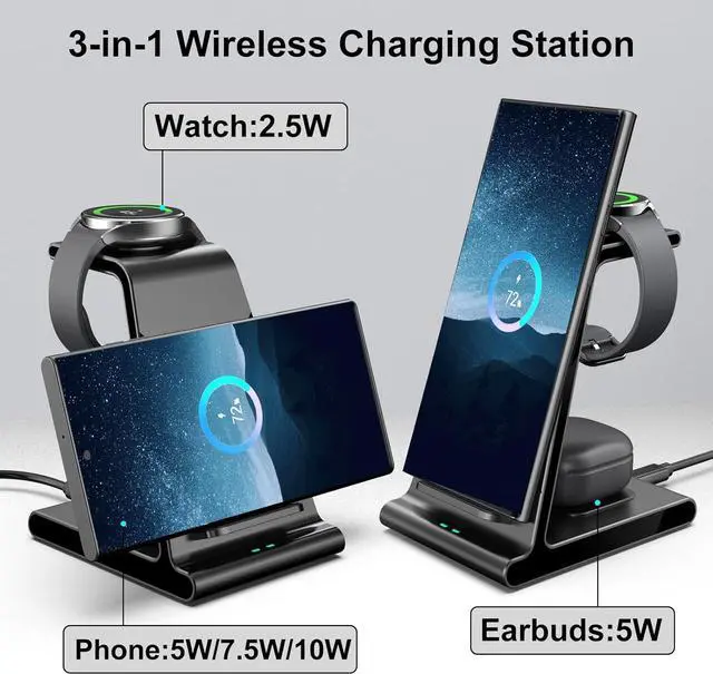 Alt view image 3 of 7 - Wireless Charger for Samsung S25 Ultra, Charging Station for Galaxy S25/S25 Edge/S24 Ultra/S24+/S24/S23/Note 20/Z Flip 7/Fold 7, for Galaxy Watch 8/8 Classic/Ultra/7/6, Galaxy Buds 2 Pro (No Adapter)