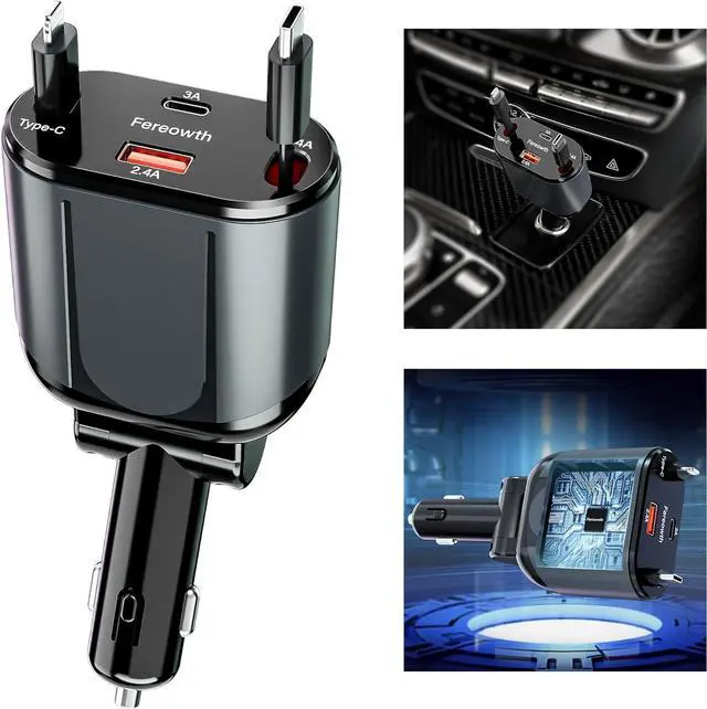 Alt view image 7 of 7 - Retractable Car Charge 4 in 1 Fast Car Phone Charger Adapter PD 63W Phone Retractable Cables (31.5 inch) and 2 USB Ports Car Charger Compatible with iPad,Samsung,Pixe iPhone 15/14/13, Black
