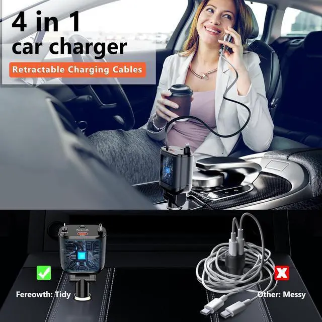 Alt view image 2 of 7 - Retractable Car Charge 4 in 1 Fast Car Phone Charger Adapter PD 63W Phone Retractable Cables (31.5 inch) and 2 USB Ports Car Charger Compatible with iPad,Samsung,Pixe iPhone 15/14/13, Black