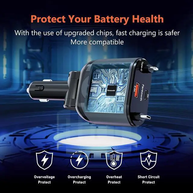 Alt view image 4 of 7 - Retractable Car Charge 4 in 1 Fast Car Phone Charger Adapter PD 63W Phone Retractable Cables (31.5 inch) and 2 USB Ports Car Charger Compatible with iPad,Samsung,Pixe iPhone 15/14/13, Black