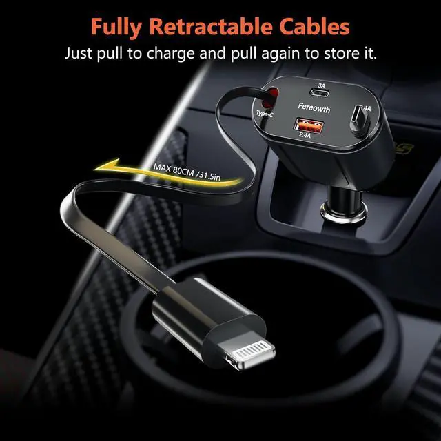 Alt view image 5 of 7 - Retractable Car Charge 4 in 1 Fast Car Phone Charger Adapter PD 63W Phone Retractable Cables (31.5 inch) and 2 USB Ports Car Charger Compatible with iPad,Samsung,Pixe iPhone 15/14/13, Black