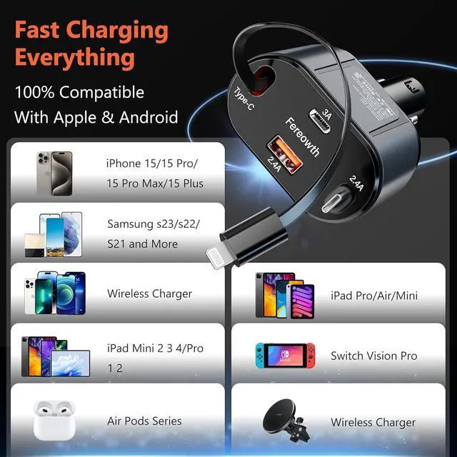 Alt view image 6 of 7 - Retractable Car Charge 4 in 1 Fast Car Phone Charger Adapter PD 63W Phone Retractable Cables (31.5 inch) and 2 USB Ports Car Charger Compatible with iPad,Samsung,Pixe iPhone 15/14/13, Black