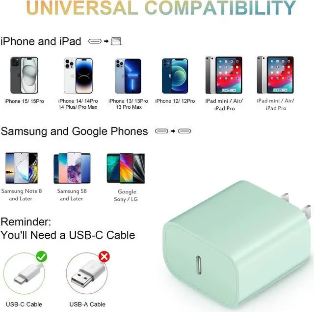 Alt view image 3 of 6 - USB C Charger for iPhone 15 Charger Block [2Pack] USB C Wall Charger 20W PD Power Adapter for iPhone 15/14/13/12/11,Xs/X, iPad, Samsung, Google-Green