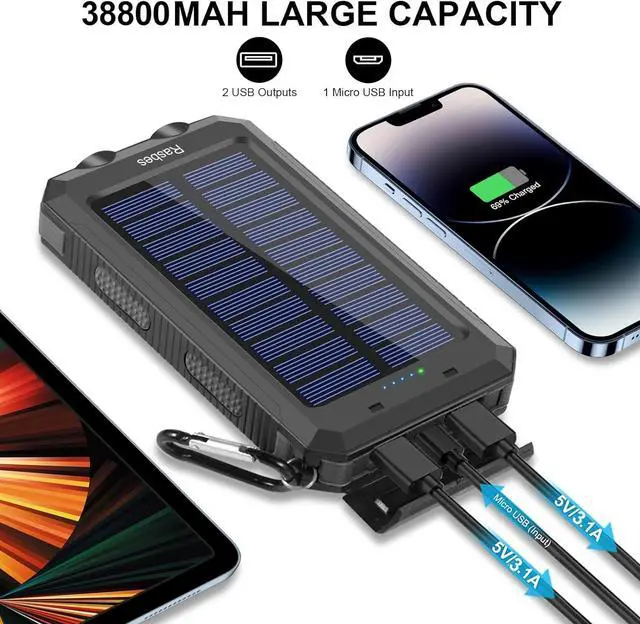 Alt view image 2 of 6 - Solar Charger, Portable 38800mAh Solar Power Bank IPX5 Waterproof with Built-in Solar Panel Charger and LED Flashlight, Solar Phone Charger Battery Pack for All CellPhones. (Black)