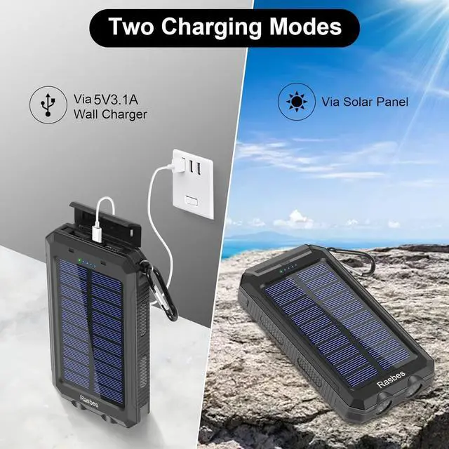 Alt view image 3 of 6 - Solar Charger, Portable 38800mAh Solar Power Bank IPX5 Waterproof with Built-in Solar Panel Charger and LED Flashlight, Solar Phone Charger Battery Pack for All CellPhones. (Black)