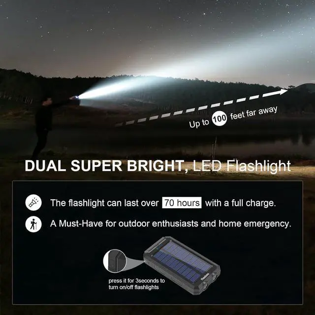 Alt view image 5 of 6 - Solar Charger, Portable 38800mAh Solar Power Bank IPX5 Waterproof with Built-in Solar Panel Charger and LED Flashlight, Solar Phone Charger Battery Pack for All CellPhones. (Black)
