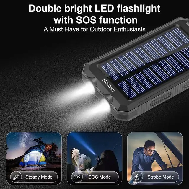 Alt view image 4 of 6 - Solar Charger, Portable 38800mAh Solar Power Bank IPX5 Waterproof with Built-in Solar Panel Charger and LED Flashlight, Solar Phone Charger Battery Pack for All CellPhones. (Black)