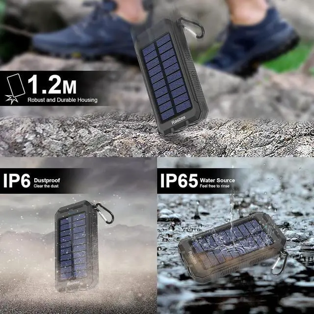 Alt view image 6 of 6 - Solar Charger, Portable 38800mAh Solar Power Bank IPX5 Waterproof with Built-in Solar Panel Charger and LED Flashlight, Solar Phone Charger Battery Pack for All CellPhones. (Black)