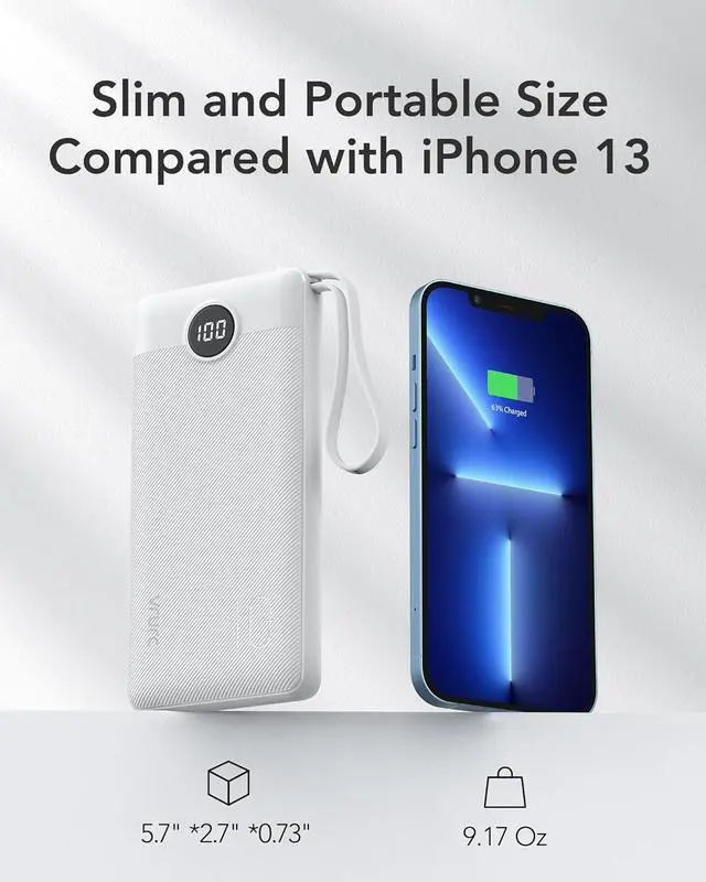 Alt view image 5 of 7 - VRURC Portable Charger Power Bank, 10000mAh Travel Essentials Battery Pack, 5 Outputs 2 Inputs Slim Charing Bank Built-in Cables Cords Wires Compatible with iPhone,Samsung,Android-White(1 Pack)