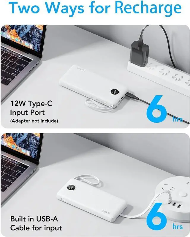 Alt view image 6 of 7 - VRURC Portable Charger Power Bank, 10000mAh Travel Essentials Battery Pack, 5 Outputs 2 Inputs Slim Charing Bank Built-in Cables Cords Wires Compatible with iPhone,Samsung,Android-White(1 Pack)