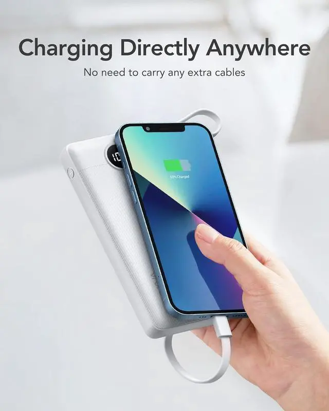 Alt view image 7 of 7 - VRURC Portable Charger Power Bank, 10000mAh Travel Essentials Battery Pack, 5 Outputs 2 Inputs Slim Charing Bank Built-in Cables Cords Wires Compatible with iPhone,Samsung,Android-White(1 Pack)