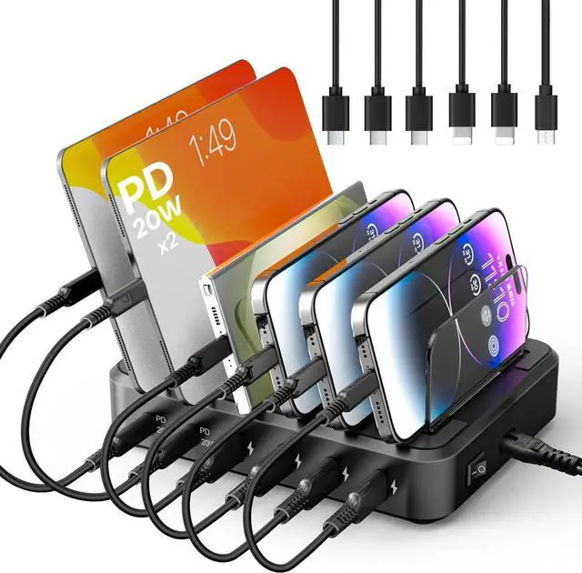 Main image of Charging Station for Multiple Devices 65W 6 Port Multi USB C Fast Charger Station with 6 Mixed Charging Cables Charging Dock Compatible with iPhone iPad Cell Phone Tablets Android and More