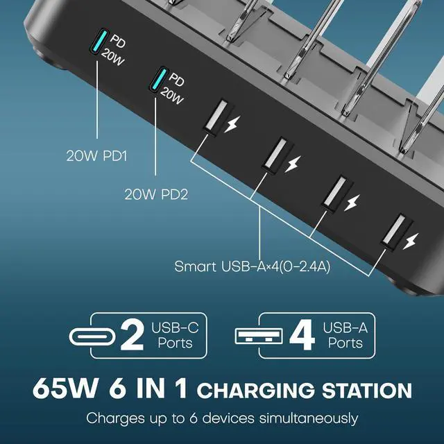 Alt view image 2 of 7 - Charging Station for Multiple Devices 65W 6 Port Multi USB C Fast Charger Station with 6 Mixed Charging Cables Charging Dock Compatible with iPhone iPad Cell Phone Tablets Android and More