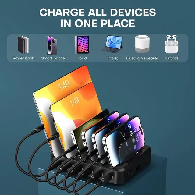 Alt view image 5 of 7 - Charging Station for Multiple Devices 65W 6 Port Multi USB C Fast Charger Station with 6 Mixed Charging Cables Charging Dock Compatible with iPhone iPad Cell Phone Tablets Android and More