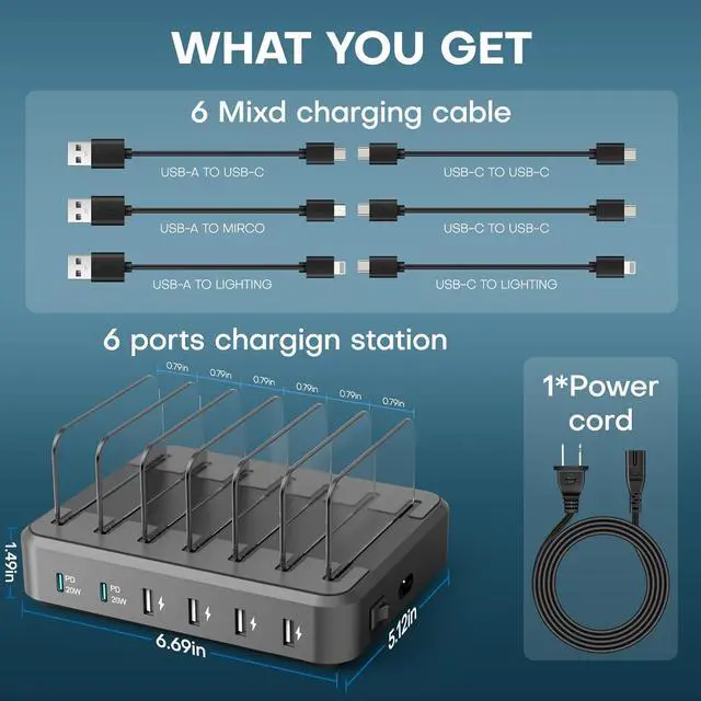 Alt view image 6 of 7 - Charging Station for Multiple Devices 65W 6 Port Multi USB C Fast Charger Station with 6 Mixed Charging Cables Charging Dock Compatible with iPhone iPad Cell Phone Tablets Android and More