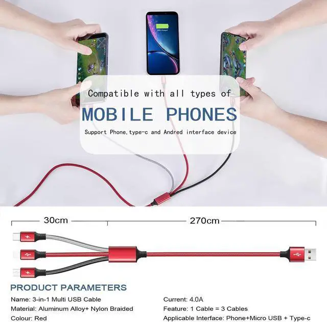 Alt view image 4 of 7 - Multi Charging Cable 10Ft 2Pack Multi Fast Charger Cable Braided Universal 3 in 1 Multi Charging Cord Long Multi USB Cable Adapter IP/Type C/Micro USB Port for Cell Phones/Tablets/ Galaxy/More