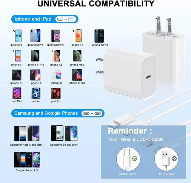 Alt view image 6 of 7 - iPhone11 12 13 14 Fast Charger 2Pack 20W iPhone Charger Fast Charging Block Adapter with 10FT USB-C to Lightning Data Sync Charging Cord for iPhone 14 13 12 11 Pro Max Xs Xr X 8