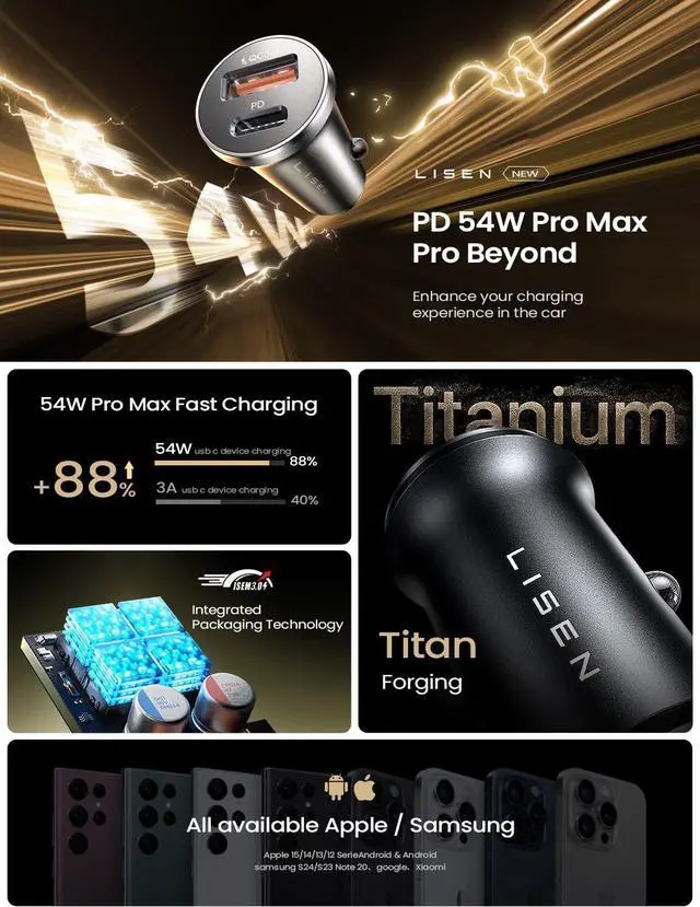 Alt view image 3 of 7 - Super Fast iPhone 16 Car Charger USB C [Alloy] 2 Pack 54W iPhone 15 Type C Car Charger Fast Charging Cigarette Lighter Adapter for 17 iPhone 16e Pro Max Plus/15  Galaxy Z Fold 7 S25 Ultra