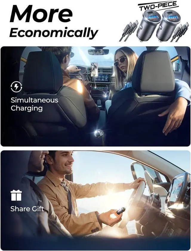 Alt view image 6 of 7 - Super Fast iPhone 16 Car Charger USB C [Alloy] 2 Pack 54W iPhone 15 Type C Car Charger Fast Charging Cigarette Lighter Adapter for 17 iPhone 16e Pro Max Plus/15  Galaxy Z Fold 7 S25 Ultra