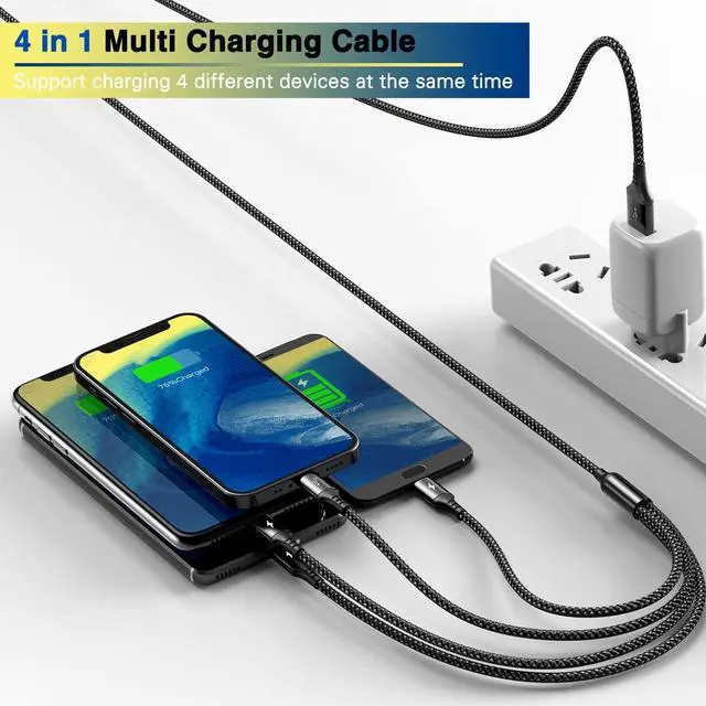 Alt view image 2 of 7 - RULUS 4 in 1 Charging Cable [2Pack 4Ft], Fast Charging & Data Sync Multi Phone Charger Cable Nylon Braided USB Charging Cable with Lightning/Type C/Micro USB Port for iPhone,Samsung Tablets,Carplay