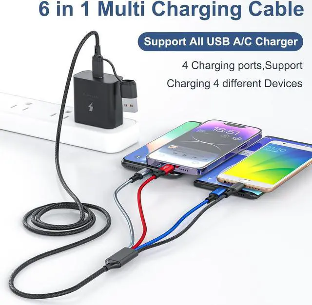 Alt view image 2 of 7 - 6 in 1 Multi Charging Cable 3Pack-6FT Multi USB Cable 3A Multi Charger Cable Braided Multiple Phone Charger Cable Universal USB A/C Charging Cord with 2*IP/Type C/Micro USB Port for Cell Phone/Tablets