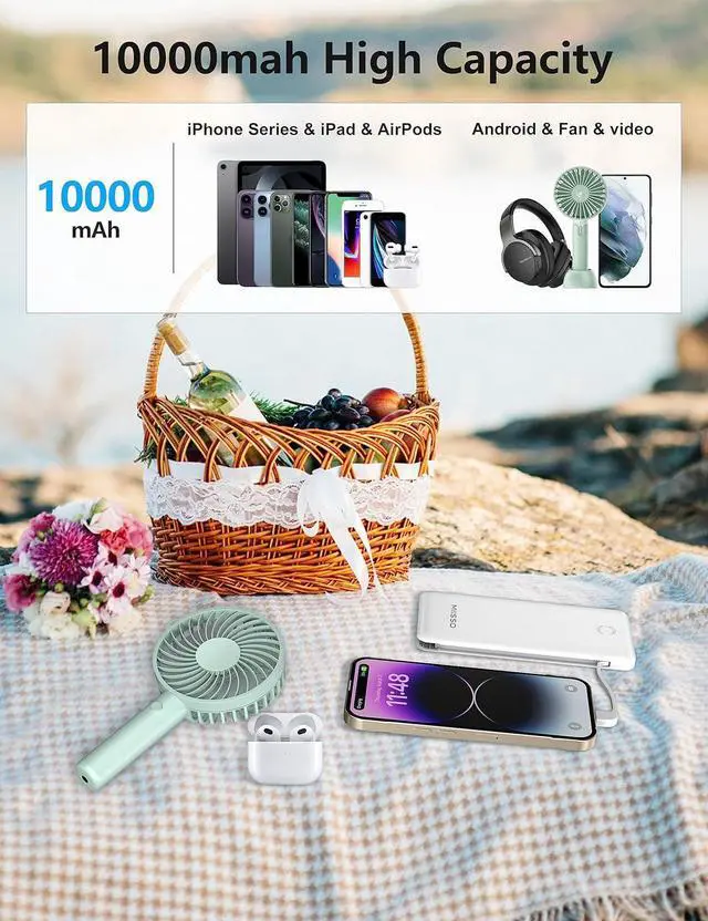 Alt view image 4 of 7 - Portable Charger, Slimmest 10000mAh Power Bank with Built-in Cables, USB C in&out Charging Battery Pack, External Phone Powerbank Battery Pack Compatible with iPhone, Android Phone, Pearl White