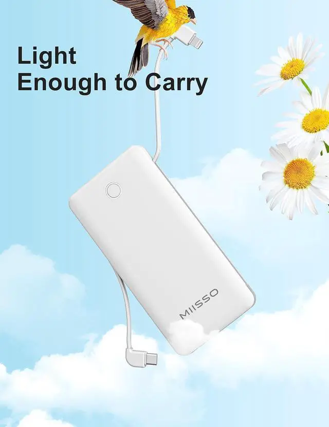 Alt view image 2 of 7 - Portable Charger, Slimmest 10000mAh Power Bank with Built-in Cables, USB C in&out Charging Battery Pack, External Phone Powerbank Battery Pack Compatible with iPhone, Android Phone, Pearl White