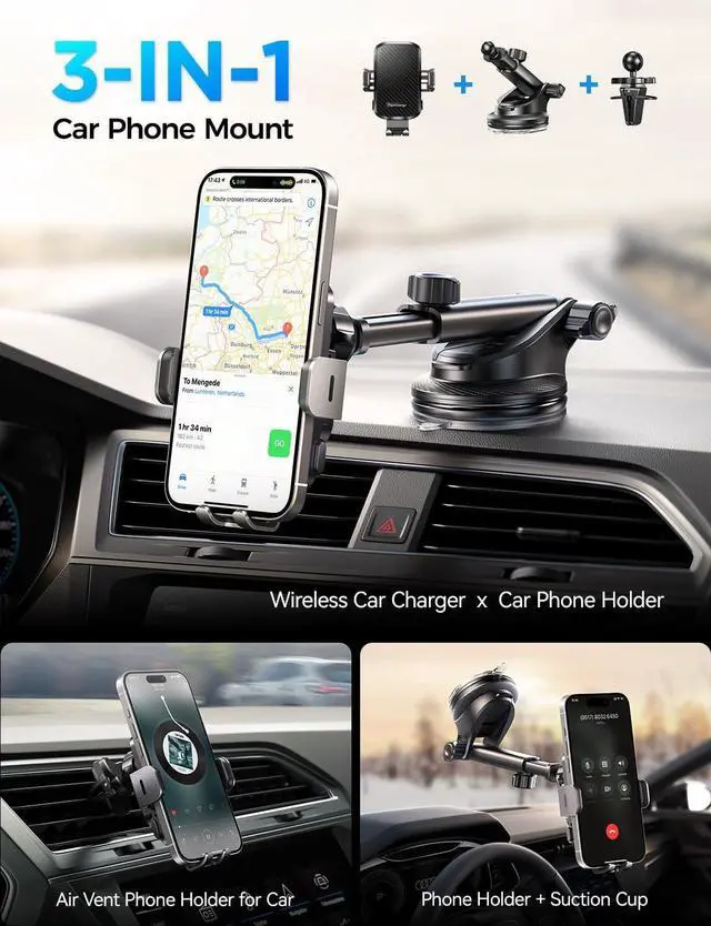 Alt view image 2 of 7 - CHGeek Wireless Car Charger with Phone Holder Mount, 15W Fast Charging Auto Clamping Phone Holders for You Car Windshield Dashboard Air Vent Accessories for iPhone, Samsung Galaxy, Google, etc