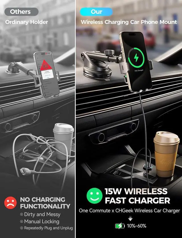 Alt view image 3 of 7 - CHGeek Wireless Car Charger with Phone Holder Mount, 15W Fast Charging Auto Clamping Phone Holders for You Car Windshield Dashboard Air Vent Accessories for iPhone, Samsung Galaxy, Google, etc