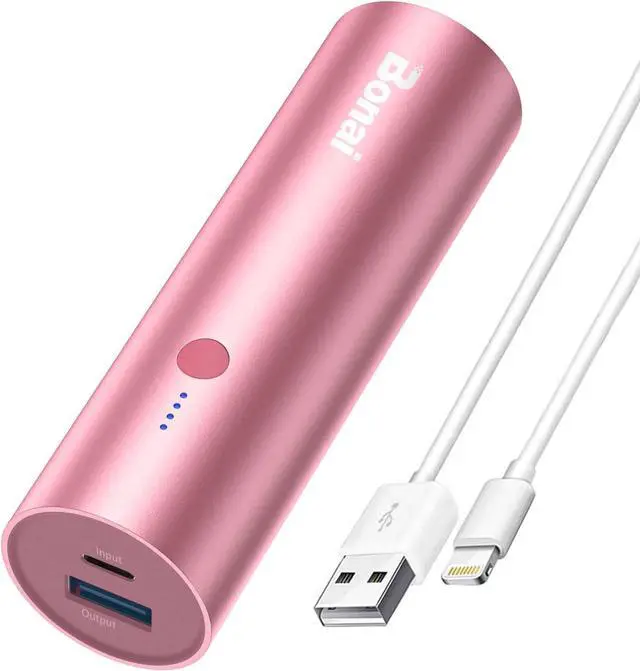 Main image of BONAI Portable Charge Power Bank 5000mAh Cylindrical Ultra-Compact External Backup Battery Compatible with iPhone 14 13 12 11 Android Phone and More - Rose Gold (with an 8-pin Charging Cable)