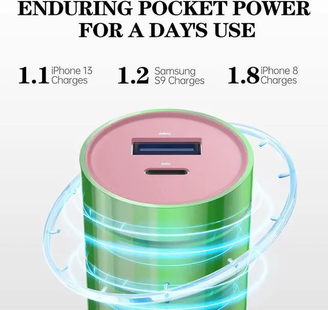 Alt view image 3 of 6 - BONAI Portable Charge Power Bank 5000mAh Cylindrical Ultra-Compact External Backup Battery Compatible with iPhone 14 13 12 11 Android Phone and More - Rose Gold (with an 8-pin Charging Cable)