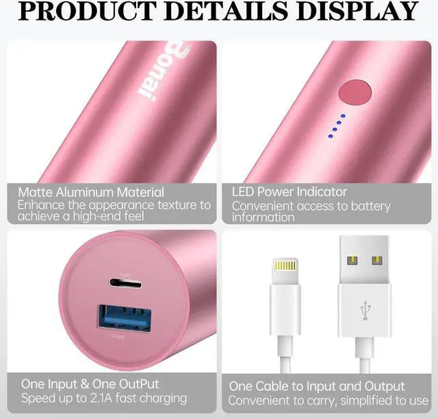 Alt view image 5 of 6 - BONAI Portable Charge Power Bank 5000mAh Cylindrical Ultra-Compact External Backup Battery Compatible with iPhone 14 13 12 11 Android Phone and More - Rose Gold (with an 8-pin Charging Cable)