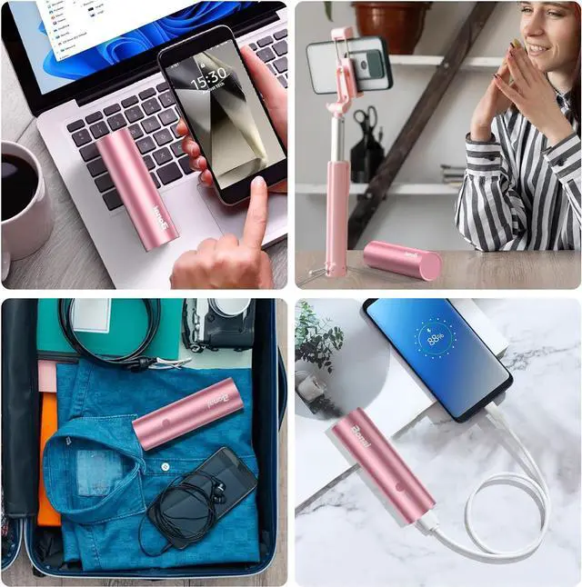 Alt view image 6 of 6 - BONAI Portable Charge Power Bank 5000mAh Cylindrical Ultra-Compact External Backup Battery Compatible with iPhone 14 13 12 11 Android Phone and More - Rose Gold (with an 8-pin Charging Cable)