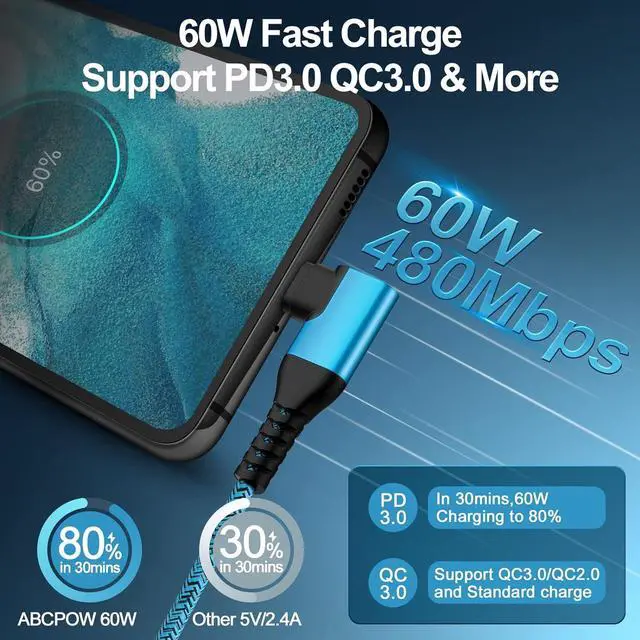 Alt view image 2 of 7 - Android Phone Power Cord Samsung Charger Cable USB Type C to C 60W 3 Pack 6ft 90 Degree Fast Charging for Samsung Galaxy S25 Edge Ultra S24 A16 A54 A14 5G A15 A13 A23 S23 S22 S21 FE A53 Z Fold 6 5 S20