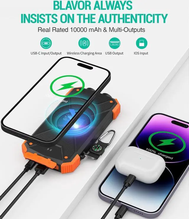 Alt view image 5 of 7 - Solar Charger Power Bank 10 000mAh Portable Wireless Charger 20W Fast Charging External Battery Pack with USB C for Cell Phones Solar Panel Charger with Dual Flashlight for Camping