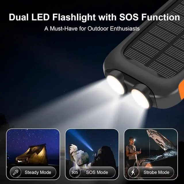 Alt view image 3 of 6 - Solar Charger Power Bank 38800mAh Portable Phone Charger with 1 Type-C & 2 USB-A Ports Built-in Dual LED Flashlight 15W Fast Charging Waterproof Solar Panel Charger